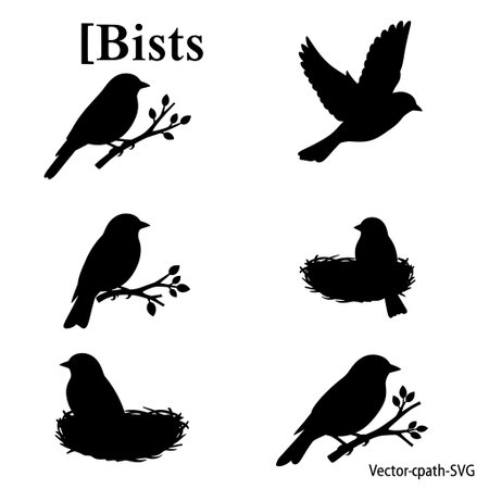 A set of six distinct black bird silhouettes, including birds perched on branches, a bird in flight, and birds nestled in their nests, all against a clean white background.のイラスト素材