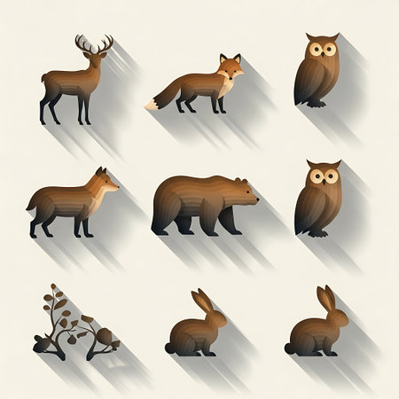 A set of nine illustrations featuring different forest animals such as a deer, fox, bear, owl, and rabbit, each depicted with a distinct long shadow on a light background, showcasing a modern flat de.のイラスト素材