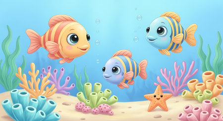 A colorful cartoon illustration of a happy fish family swimming above a sandy seabed with vibrant corals, seaweed, and a smiling starfish.のイラスト素材