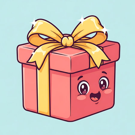 A charming cartoon illustration of a pink gift box with a cheerful, smiling face and big eyes, tied with a bright yellow ribbon and bow, set against a light blue background.のイラスト素材