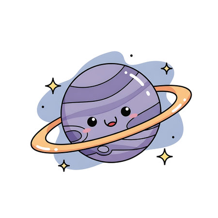 An adorable cartoon illustration of the planet Saturn, featuring a happy face, prominent rings, and sparkling stars in the background.のイラスト素材