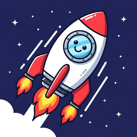 An adorable cartoon rocket with a smiling face in its window, launching into a dark blue starry night sky, leaving a trail of smoke and fire.のイラスト素材