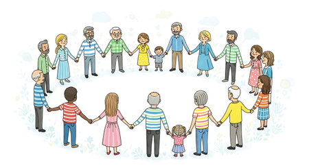 Illustration of a large multicultural group of children, adults, and seniors standing together holding hands in a circle. A concept of unity, community, and social connection.のイラスト素材