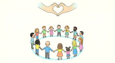 A charming illustration of multicultural children holding hands in a circle, symbolizing unity, friendship, and love. Above them, hands form a heart shape.のイラスト素材