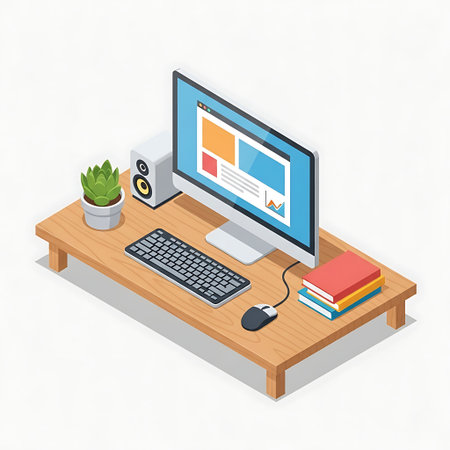 An isometric view of a contemporary computer desk setup featuring a monitor displaying a website, a keyboard, mouse, speakers, a potted plant, and a stack of books, all on a light wooden stand.のイラスト素材