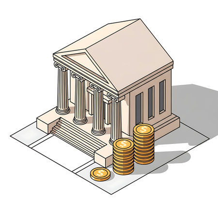 An isometric drawing of a bank or government building with classical columns and stairs. Stacks of gold coins are placed in front, symbolizing wealth and finance.のイラスト素材