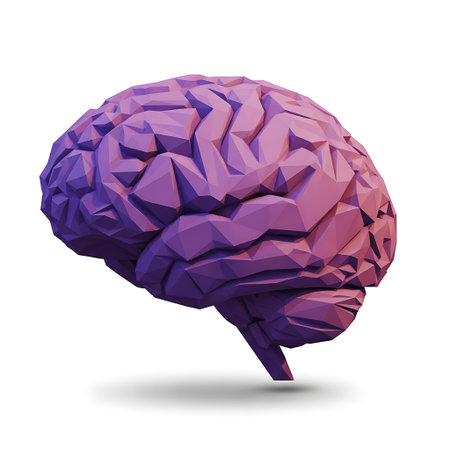 A vibrant, low poly style illustration of a human brain, rendered in shades of purple and pink,...