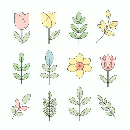A collection of minimalist line art illustrations featuring various flowers and leaves, rendered in soft pastel colors.のイラスト素材