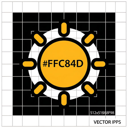A minimalist sun icon featuring a central circle with the hex color code #FFC84D, surrounded by eight rounded rectangular rays, all set against a black and white grid background.のイラスト素材