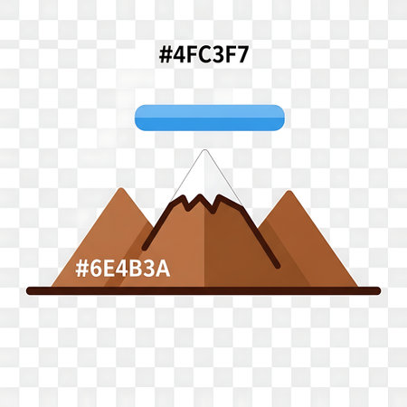 A simple, flat design illustration of a mountain range with snow-capped peaks, featuring two distinct color hex codes: #4FC3F7 for the sky element and #6E4B3A for the mountain base.のイラスト素材