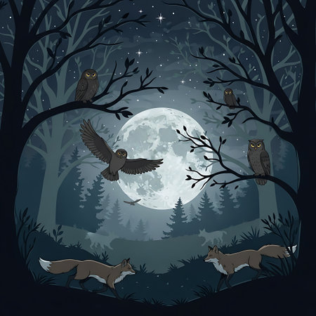 A beautiful vector illustration of a magical night forest. A large full moon illuminates the scene, with owls perched on trees and flying, and foxes roaming below.のイラスト素材