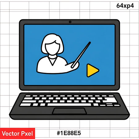 Vector illustration of an online course or webinar. A teacher with a pointer is shown on a laptop screen next to a play button, symbolizing e-learning and digital tutorials.のイラスト素材