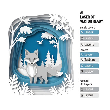 A beautiful paper cut illustration depicting a winter forest scene with a charming fox standing amidst snow-covered trees and delicate foliage.のイラスト素材