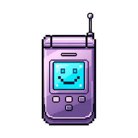 A charming pixel art illustration of a purple flip phone, featuring a bright blue screen displaying a happy, smiling face.のイラスト素材