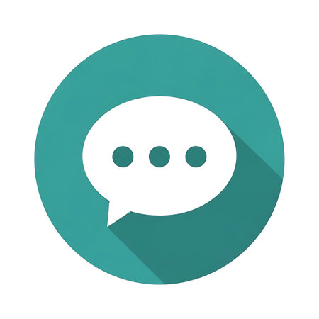 A minimalist flat design illustration of a white speech bubble with three dots, indicating a message or conversation, set against a vibrant teal circular background with a long shadow effect.のイラスト素材