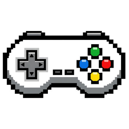 A classic pixel art style game controller, featuring a directional pad, action buttons in red,...