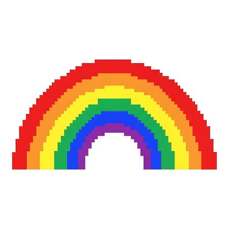 A charming pixel art illustration of a rainbow, featuring a classic arc shape with distinct red, orange, yellow, green, blue, and purple bands, set against a clean white background.のイラスト素材