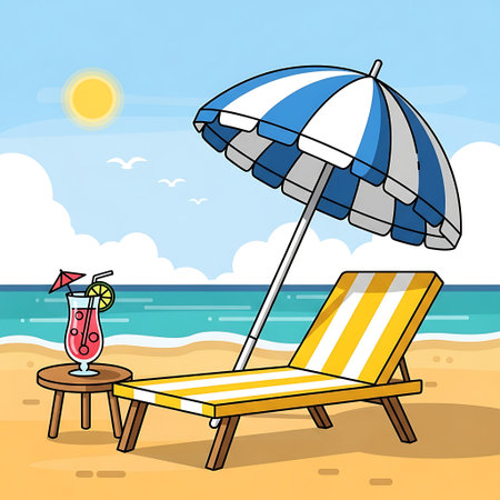 A vibrant cartoon illustration of a serene beach scene featuring a striped lounge chair a large beach umbrella and a refreshing cocktail on a small table with the ocean and a sunny sky in the backgro.のイラスト素材