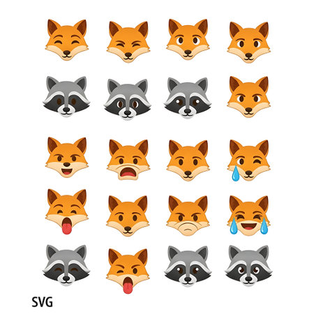 A collection of adorable cartoon fox and raccoon emoticons. This vector set features various facial expressions like happy, sad, winking, and crying for chat or design.のイラスト素材