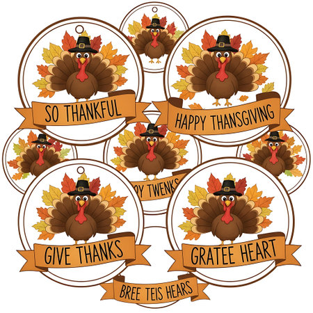 A collection of round Thanksgiving labels featuring a cartoon turkey wearing a pilgrim hat, surrounded by colorful autumn leaves and banners with festive phrases like 'So Thankful', 'Happy Thanksgivi.のイラスト素材