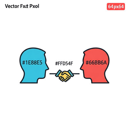 A vector illustration depicting two stylized human heads, one blue and one red, facing each other. A handshake icon is positioned between them, symbolizing agreement, negotiation, or communication.のイラスト素材