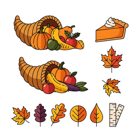 A vibrant collection of Thanksgiving and autumn-themed illustrations featuring two cornucopias overflowing with harvest fruits and vegetables, a slice of pumpkin pie with whipped cream, and various c.のイラスト素材