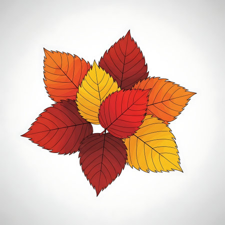 A beautiful arrangement of colorful autumn leaves in shades of red, orange, and yellow, creating a striking visual on a clean white background.のイラスト素材