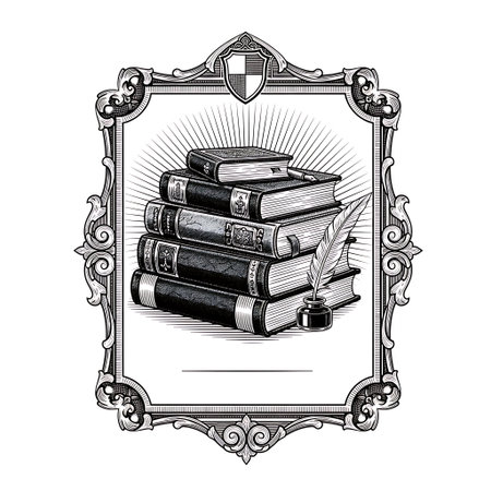 A classic black and white engraving-style illustration featuring a stack of old books and a quill pen with an inkwell, all elegantly framed within an ornate, decorative border with a shield emblem at.のイラスト素材