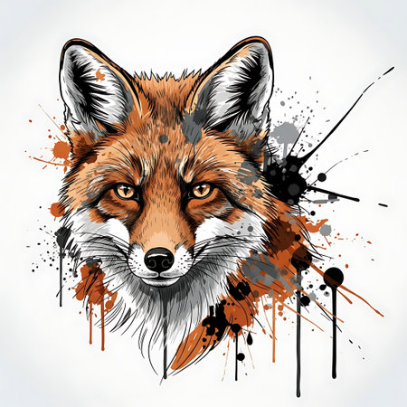 A striking watercolor illustration of a fox's head, featuring a blend of realistic detail and expressive paint splatters in warm earthy tones and black, set against a clean white background.のイラスト素材