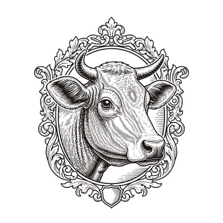 A detailed black and white hand-drawn illustration of a cow's head with horns, set within an elegant, vintage, and ornate baroque-style picture frame on a white background.のイラスト素材
