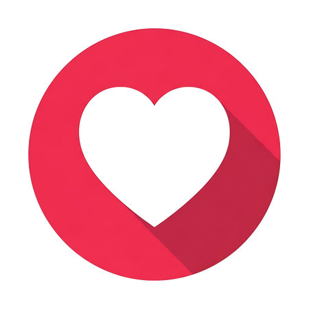A flat design style vector illustration of a white heart symbol inside a red circular button. The icon features a long shadow, commonly used for likes, loves, or favorites on social media.のイラスト素材