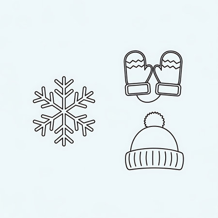 A minimalist line art illustration featuring three essential winter items: a delicate snowflake, a pair of cozy mittens, and a warm beanie hat with a pom-pom, all rendered in a clean, outlined style.のイラスト素材