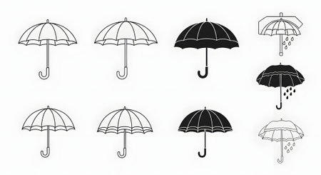 A set of eight diverse umbrella illustrations featuring both outline and solid black designs, with some depicting falling rain, presented on a clean white background.のイラスト素材
