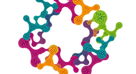 A vibrant abstract illustration of interconnected organic shapes in multiple colors. The textured forms create a circular network, symbolizing connection, biology, or complexity.のイラスト素材