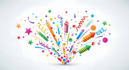 Vector illustration of a vibrant party explosion with colorful confetti, streamers, rockets, and stars. A festive design for celebrations, holidays, and announcements.のイラスト素材