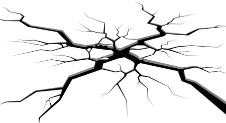 A detailed illustration of a cracked surface, featuring a central point of impact with numerous fissures extending outwards, creating a dramatic visual of breakage and instability.のイラスト素材