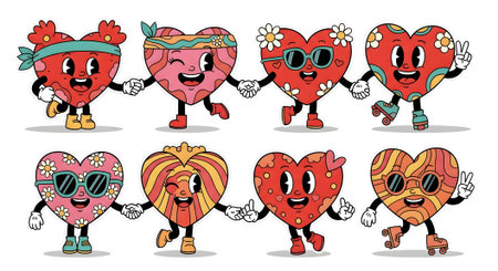 A collection of cute cartoon heart mascots with faces, hands, and legs. Vintage 70s hippie characters with groovy patterns, holding hands and showing peace signs.のイラスト素材