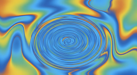 A mesmerizing digital art piece featuring a central blue ripple effect on a distorted background of yellow and orange waves creating a psychedelic and fluid motion.のイラスト素材