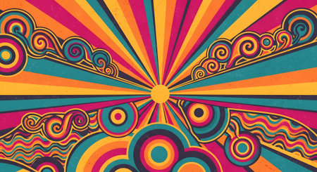 A dynamic and colorful abstract background featuring a central sunburst design with radiating lines in various hues, surrounded by intricate swirling and circular patterns, evoking a retro psychedeli.のイラスト素材