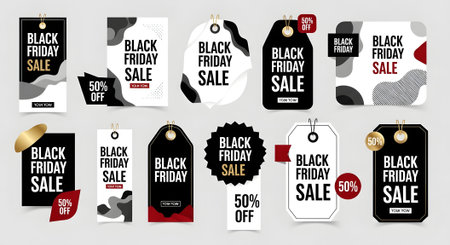 A vibrant collection of Black Friday sale tags featuring discounts and promotional offers in various designs.のイラスト素材