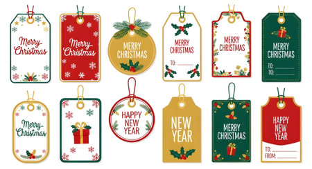 A vibrant collection of Christmas and New Year gift tags featuring various shapes, colors, and festive illustrations like holly, berries, snowflakes, and gift boxes, perfect for holiday gifting.のイラスト素材