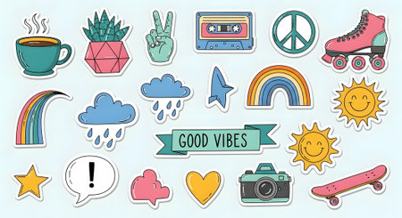 A vibrant assortment of colorful icons representing good vibes, nature, music, and fun activities for a cheerful atmosphere.のイラスト素材