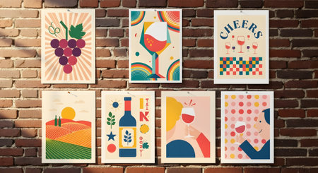 A row of vivid framed art posters hangs on a rustic brick wall displaying colorful abstract shapes and fruit inspired designs in a bright home decor setting.のイラスト素材