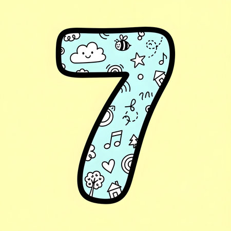 Vibrant number seven filled with playful doodles including clouds, stars, music notes, and hearts on a yellow background.のイラスト素材