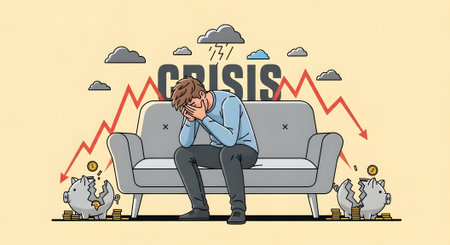 A distressed man sits on a sofa, head in hands, with a 'CRISIS' sign above him, surrounded by downward-trending red arrows and empty money bags, symbolizing financial hardship and economic downturn.のイラスト素材