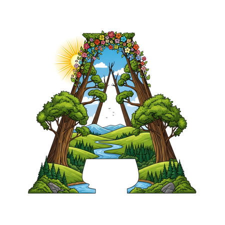 A vibrant illustration of the letter A, intricately designed with a natural landscape featuring lush green trees, a winding river, rolling hills, a bright sun, and a colorful floral archway at the to.のイラスト素材