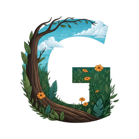 Elegant graphic letter G formed by trees and flowers blending nature scenes with typography for an environmentally themed designのイラスト素材