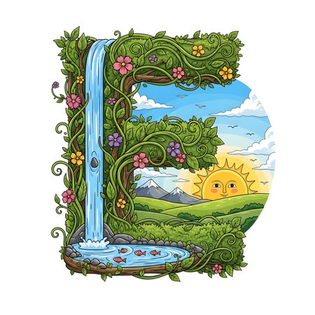 A vibrant illustrated letter L entwined with waterfalls, sunlit hills, and blooming flora, blending fantasy art with natural elements.のイラスト素材