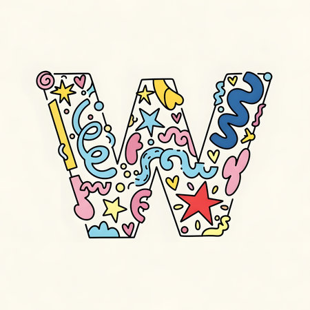A whimsical decorative letter W filled with colorful doodles including stars hearts swirls and balloons on a pale backgroundのイラスト素材