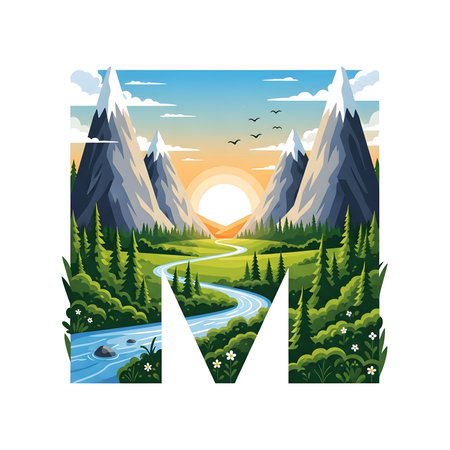 A beautiful illustration of mountains, a river, and a vibrant sunset in a natural setting.のイラスト素材